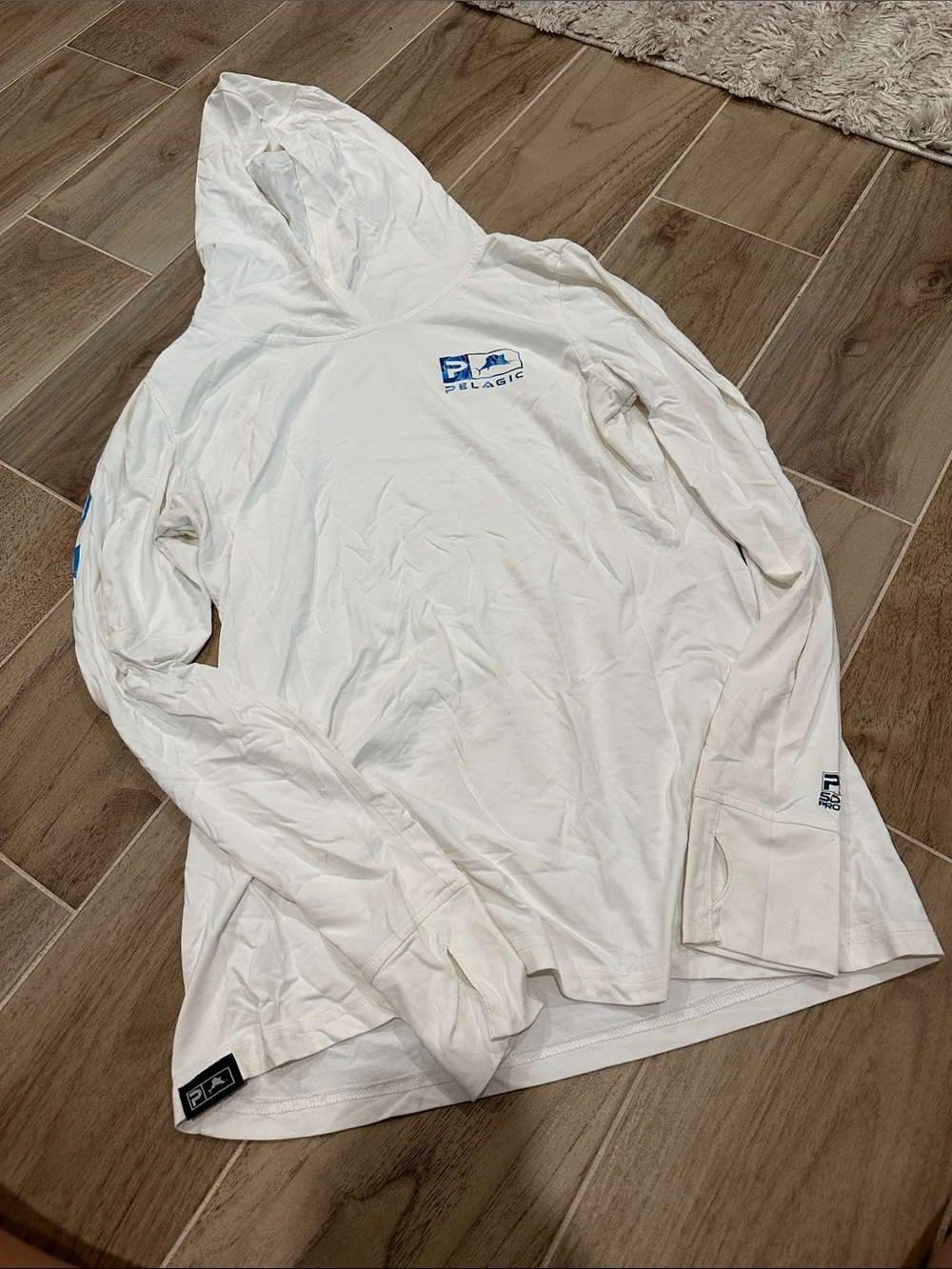 Pelagic White Hooded Long-Sleeve Fishing Shirt with Blue Logo